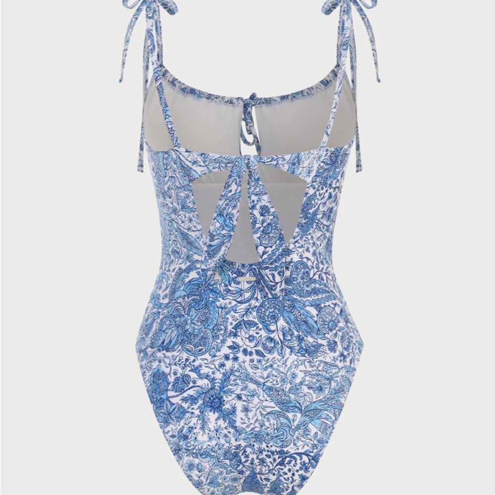 NWT Swimsuit Blue Retro Floral Drawstring Ruched One-Piece - Picture 5 of 6